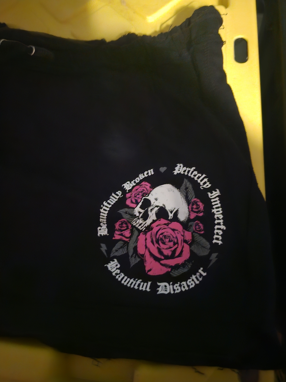 Black Women's Jogger Shorts with Pink Rose & Skull Graphic